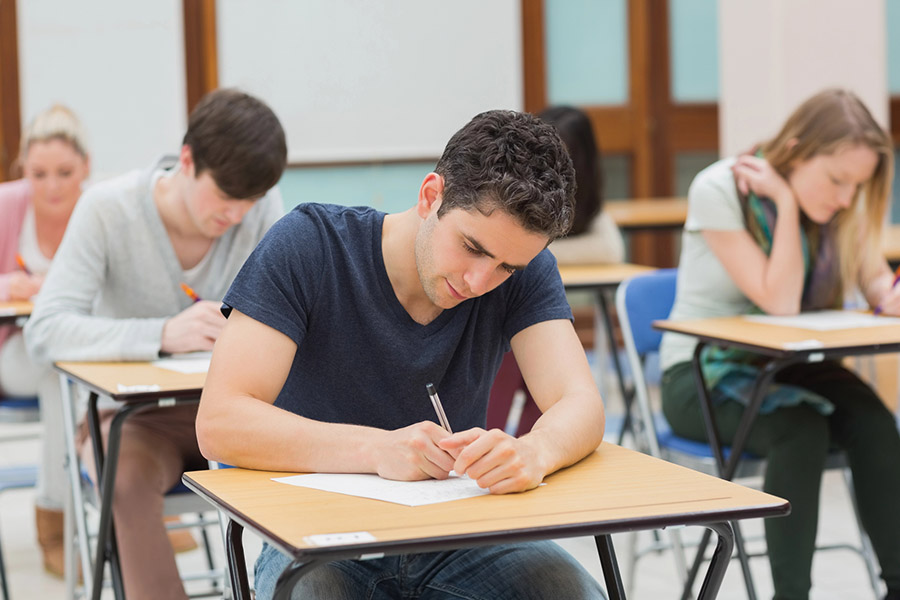 Students taking a test in a classroom in Portland